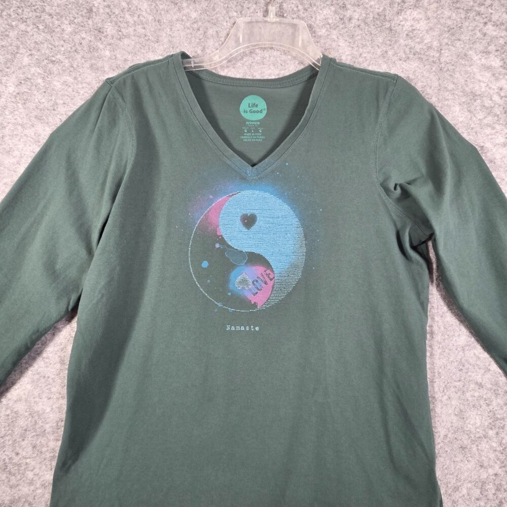 Life is Good Yin Yang Graphic Long Sleeve Tee Women’s Size L Green Casual - Picture 2 of 8
